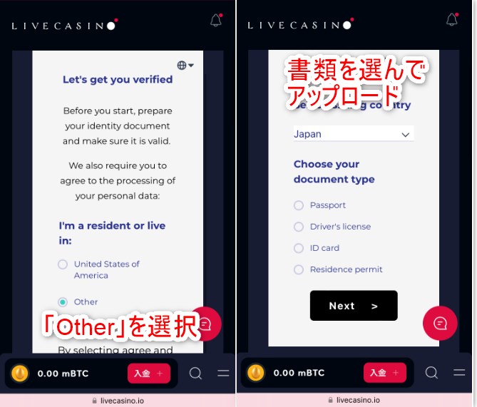 ライブカジノアイオーのKYCで身分証の種類を選択する