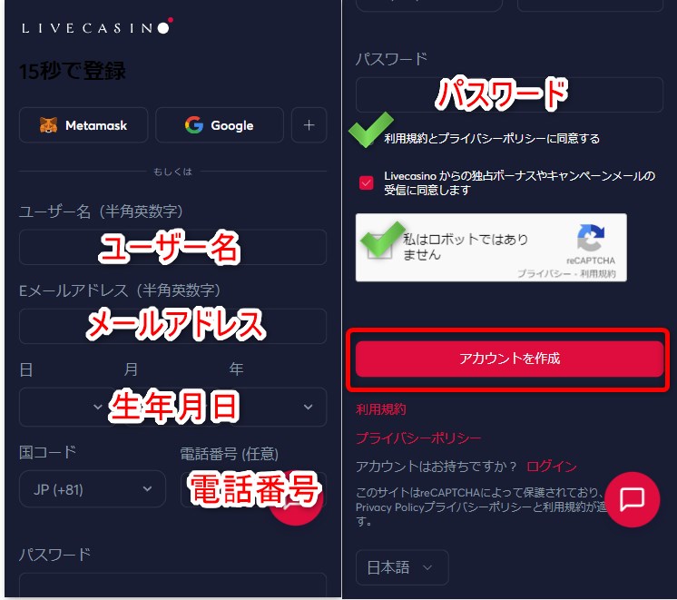 ライブカジノアイオーの登録でユーザー名やメールアドレスなどの情報を入力する