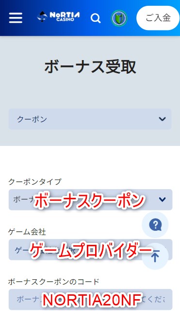 ノルティアカジノの入金不要ボーナスを受け取るコードを入力する