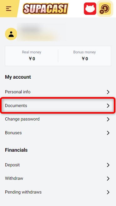 スパカジのKYCでdocumentsをタップする