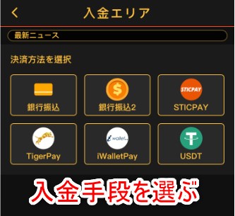 フォルトゥナカジノの入金手段を選択する