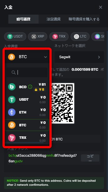 BCGAMEの仮想通貨入金で仮想通貨を選択する