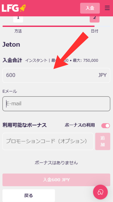 LFGに電子ウォレットで入金する際に入金額とアカウント情報を入力する