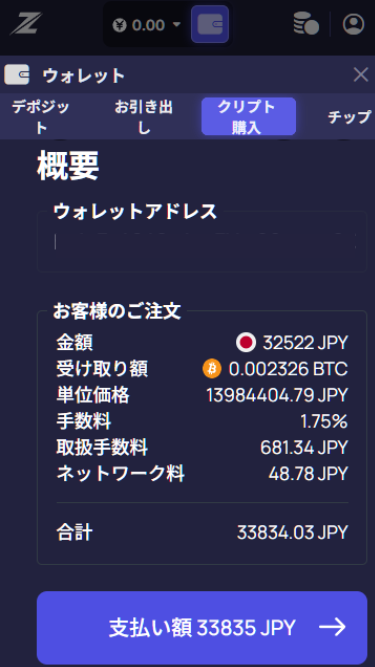 レイズドカジノで仮想通貨を購入して入金する際に入金情報の確認
