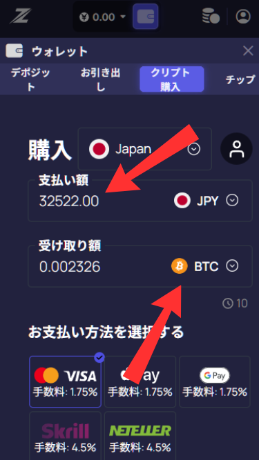 レイズドカジノで仮想通貨を購入して入金する際に入金額と通貨の種類を選択