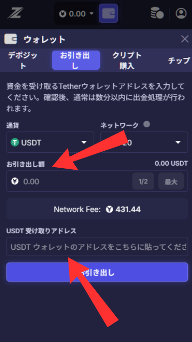 レイズドカジノから出金する際に出金額とアドレスを入力