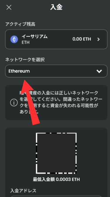 ベットゴートに入金する際にネットワークを選択