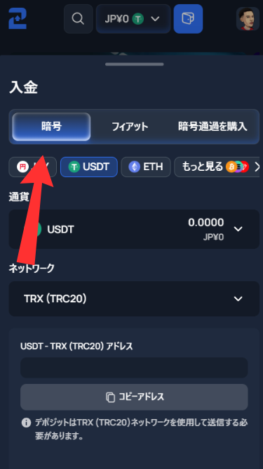 ツーアップカジノに仮想通貨で入金する際に暗号タブに切り替え