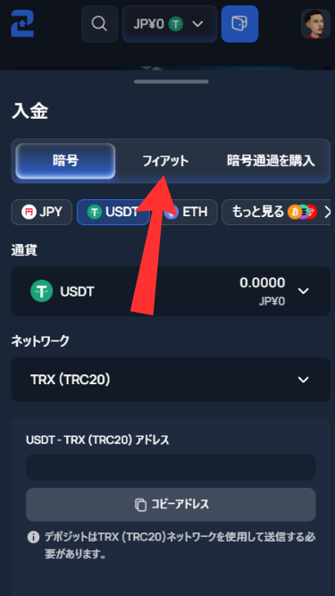 ツーアップカジノに日本円で入金する際にフィアットタブに切り替え