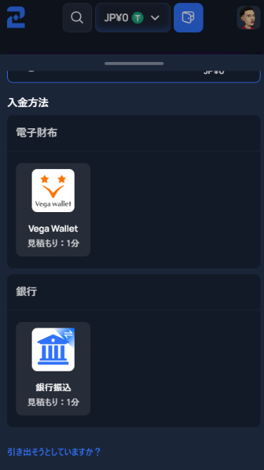 ツーアップカジノに日本円で入金する際に入金方法を選択