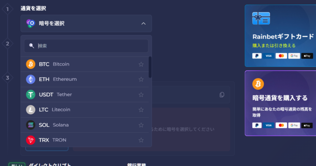 レインベットカジノのウォレット