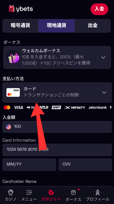 ワイベットカジノに法定通貨を入金する際に支払い方法を選択