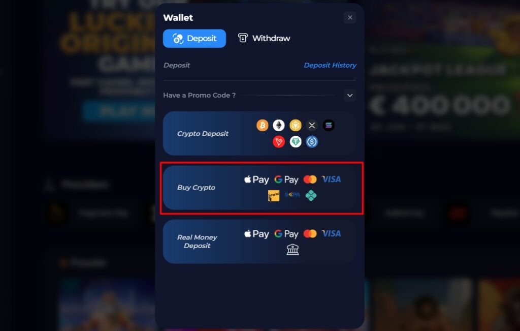 ラッキエストで仮想通貨を購入して入金する際にbuycryptoをタップ