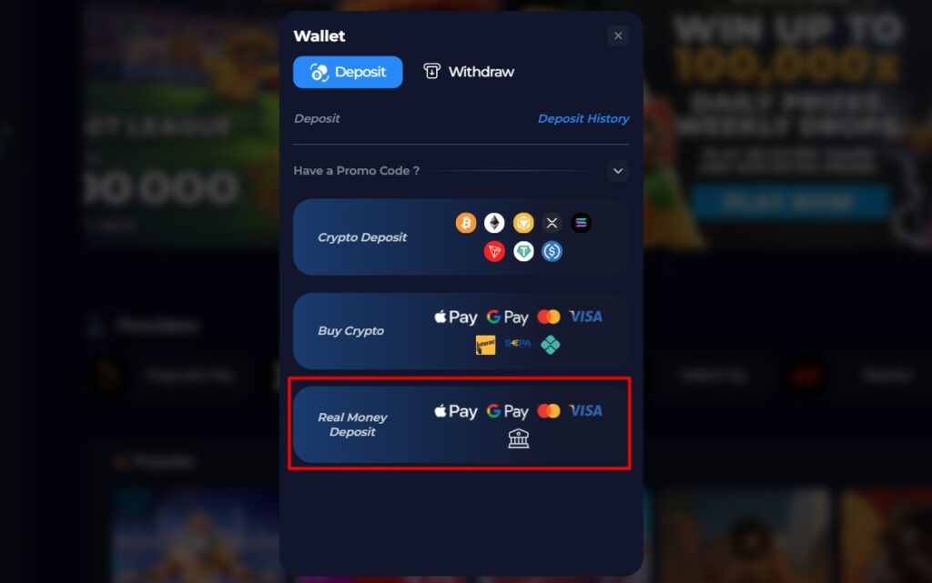 ラッキエストに法定通貨で入金する際にrealmoneydepositをタップ